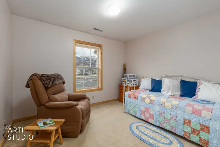 Light-toned carpeted flooring, window with natural wood trim, and a ceiling-mounted light fixture