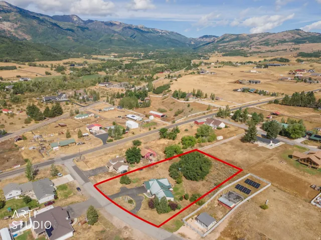 Expansive property with mountain backdrop, established trees, and a paved driveway