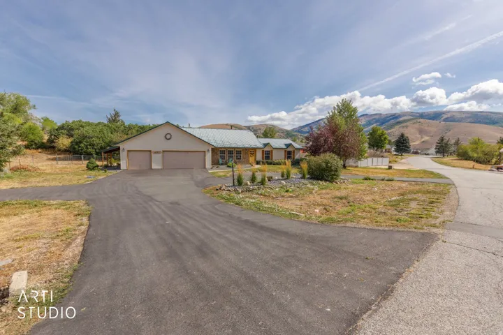 Two-car garage with overhead doors, an expansive paved driveway, and established landscaping
