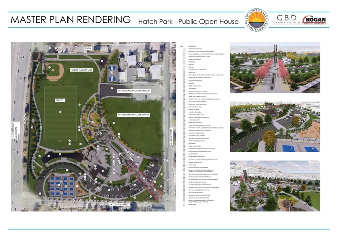 Future Hatch Park. Master Plan Rendering. Outlining the proposed development phases and amenities for Hatch Park