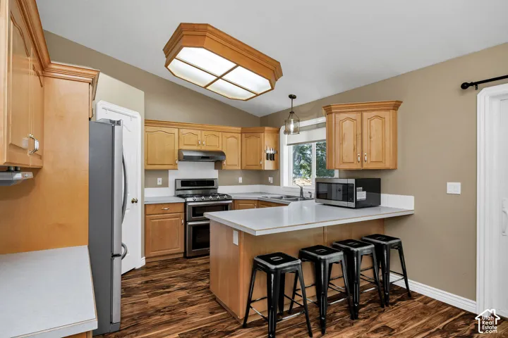 Kitchen featuring wood-finish flooring, light wood cabinetry, stainless steel appliances, a breakfast bar, and vaulted ceilings