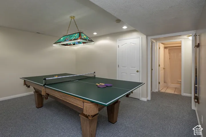 Recessed lighting, wood-finish pool table base, stained glass overhead light fixture, carpeted flooring, white paneled interior door.