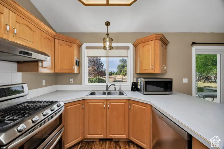 Wood cabinetry, stainless steel appliances, dual basin sink, wood-finish flooring, and a sliding glass door