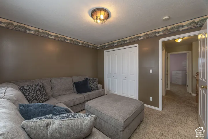 Carpeted flooring, bi-fold closet doors, and overhead lighting