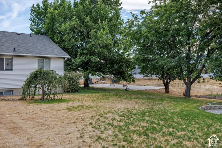 Spacious backyard area featuring mature trees and a lawn section.