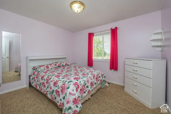 Carpeted flooring, window, and flush mount lighting fixture
