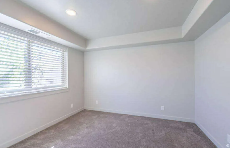 Recessed ceiling lighting, tray ceiling detail, large window with blinds, and gray carpeting