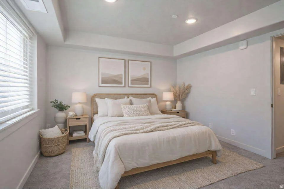 Recessed lighting, window with blinds, tray ceiling, and neutral wall color
