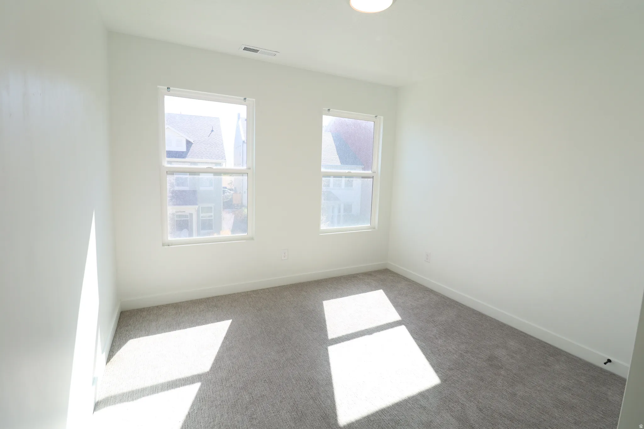 Neutral wall tones with two windows, a ceiling-mounted light fixture, and carpet flooring
