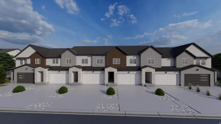 Modern townhome exteriors featuring varied siding textures, attached garages with contemporary doors, and stone accents