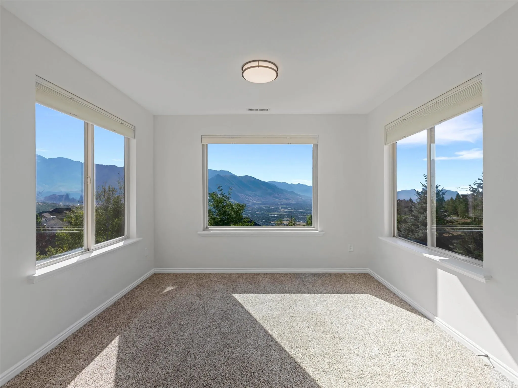 Mountain scenery visible through multiple windows, complemented by a flush-mount ceiling light fixture and carpeted flooring