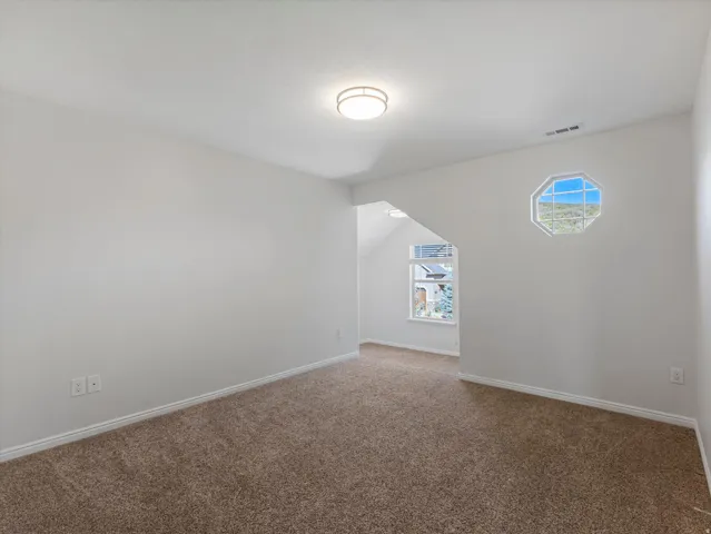 Carpeted interior space featuring a flush-mount ceiling light and an octagonal window