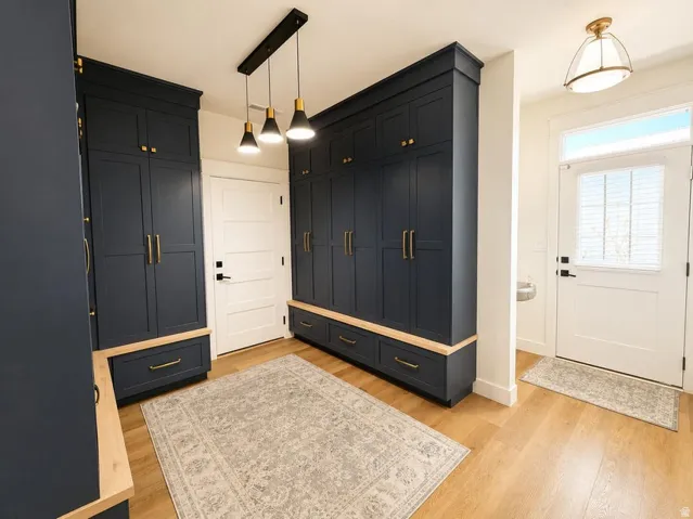 Built-in cabinetry with dark paneling and brass hardware, featuring wood-finish tops and integrated drawers
