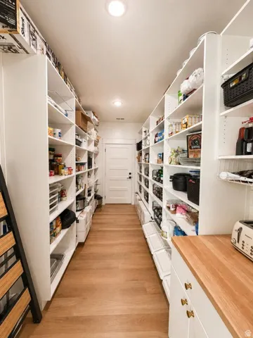 Extensive pantry with abundant built-in shelving, wood-finish flooring, recessed lighting, and a built-in counter with cabinetry