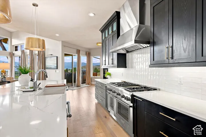 Gourmet kitchen featuring a professional-grade gas range, stainless steel vent hood, white subway tile backsplash, light wood-finish flooring, and expansive windows