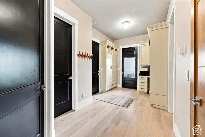 Garage Entry. Light wood-finish flooring, built-in cabinetry with open shelving, and dark panel doors with contemporary hardware