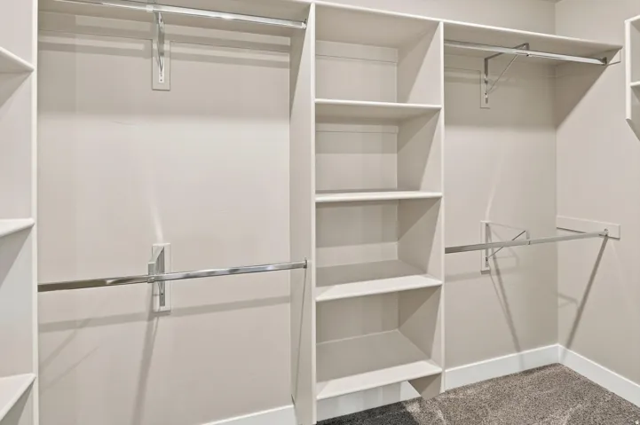 Walk-in closet with built-in shelving, chrome hanging rods, and carpet flooring