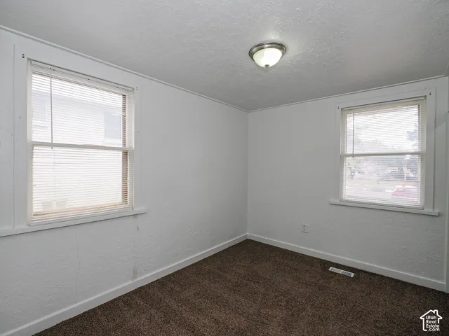 Room featuring textured walls, neutral carpeting, two windows with integrated blinds, and a circular flush-mount ceiling fixture