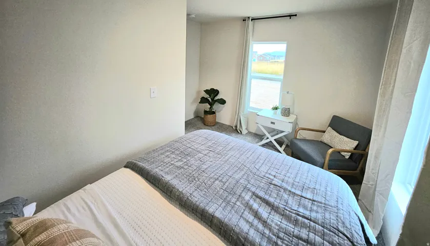 Carpeted flooring, window with curtains, and neutral wall tones