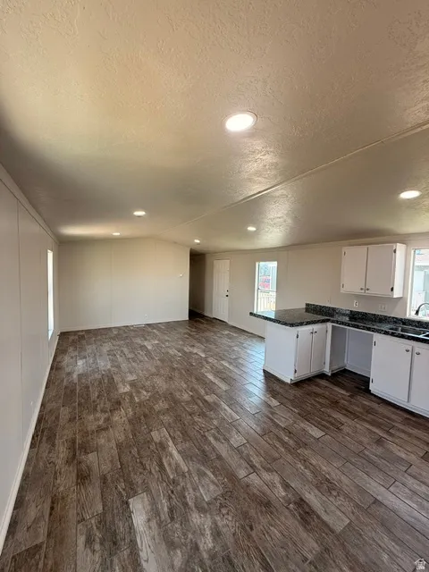Open-concept interior featuring wood-finish flooring, recessed lighting, white cabinetry, and dark countertops