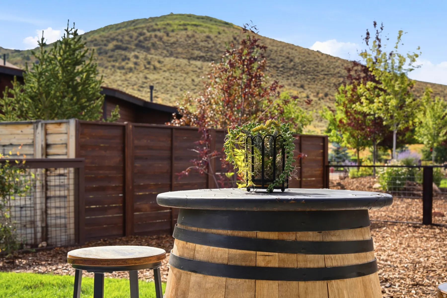 Wood-paneled fencing enclosing a landscaped area with established trees and a distant hillside backdrop