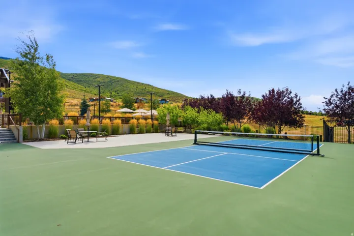 Recreational sports court featuring a blue playing surface with white lines, green surrounding court, and a net
