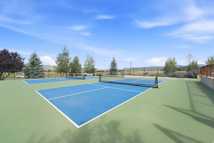 Dual outdoor sports courts with blue and green surfacing, surrounded by a black metal fence, and bordered by mature trees