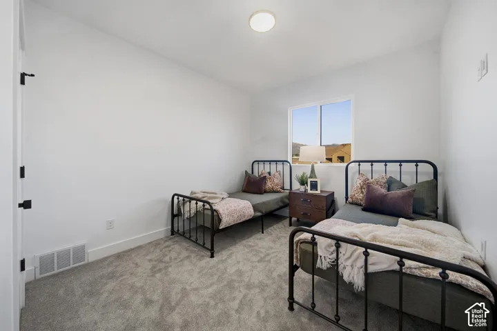 Crisp white walls, plush carpeting, and a window with a distant landscape