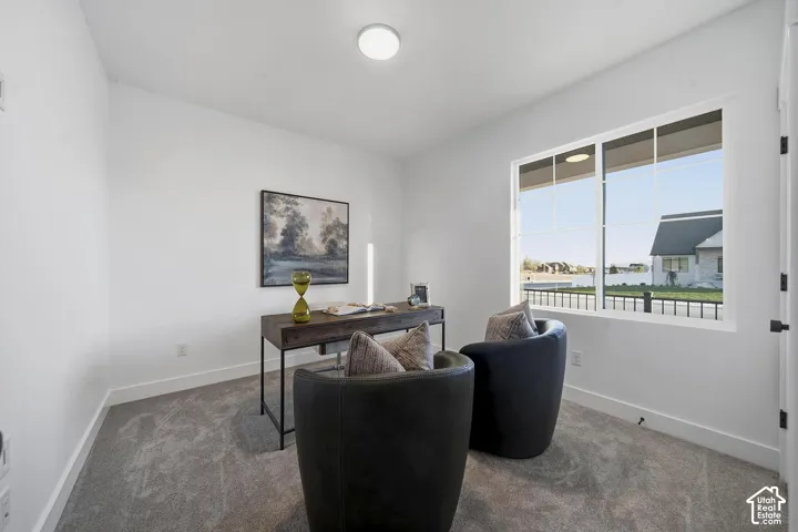 White walls, gray carpeted flooring, and a large window with white framing