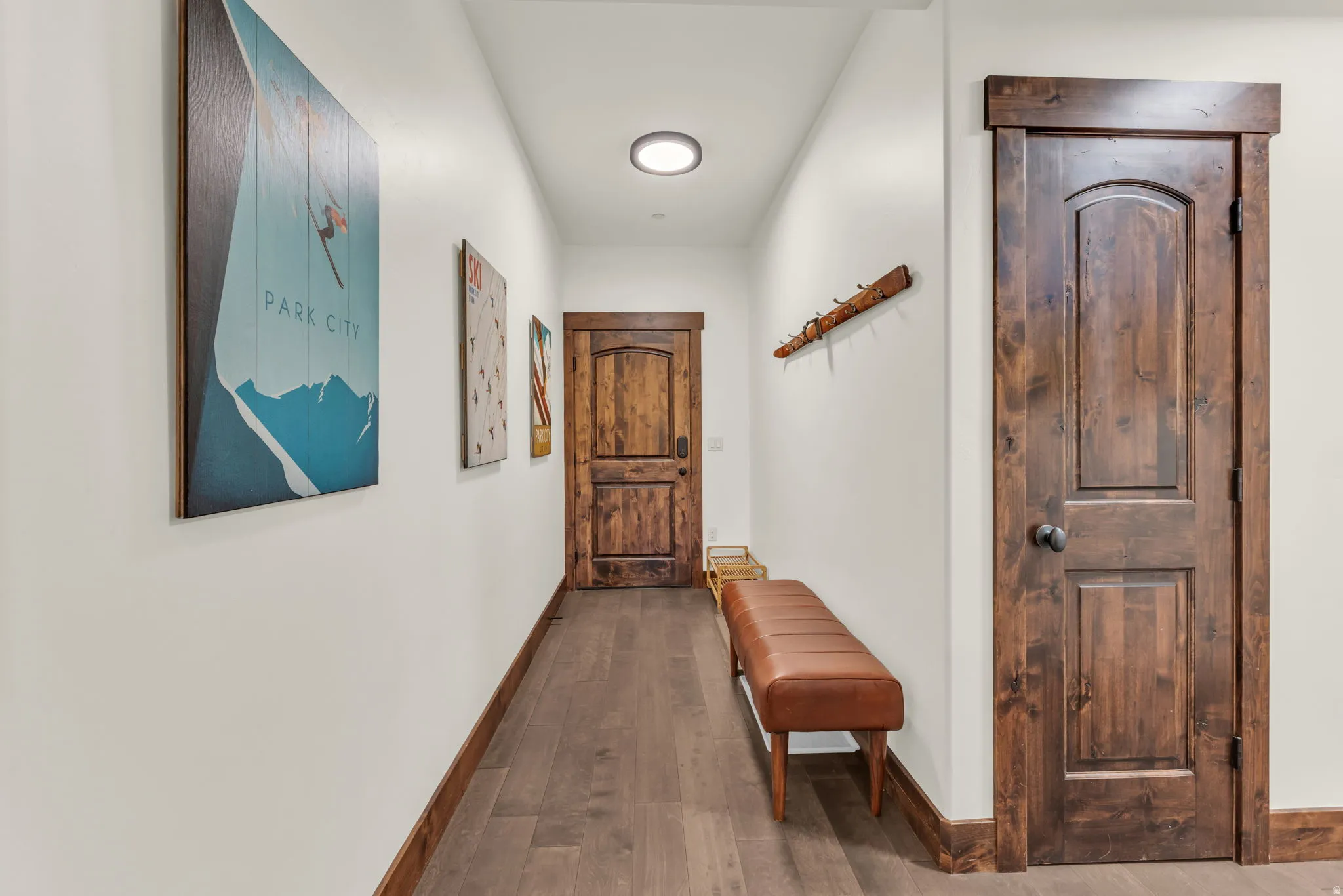 Hallway featuring wood-finish flooring, solid wood doors with arched panels, and a flush-mount ceiling light