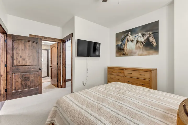 Two-panel wood doors with arched detailing, light-colored carpet, and an interior ceiling fan
