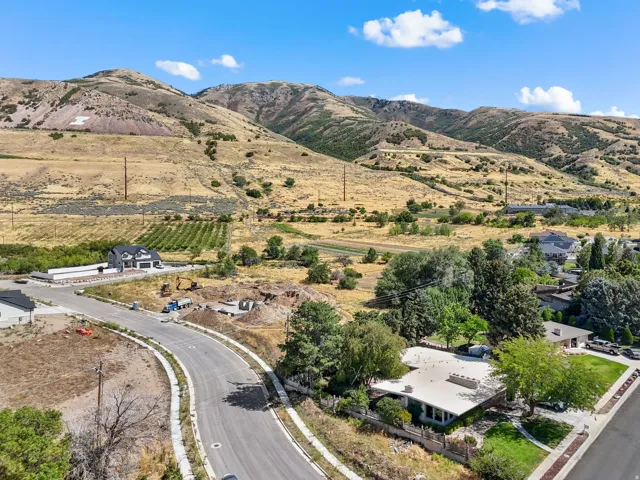 Curving street, residential property, surrounding hills, and distant vegetation