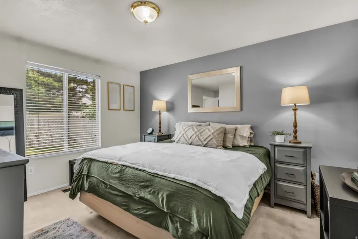 Recessed window with horizontal blinds, overhead ceiling light fixture, and carpet flooring