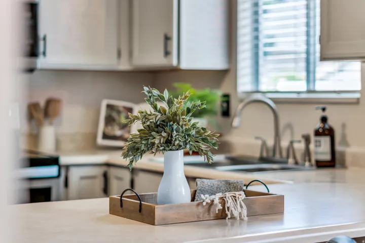 White cabinetry with matte black hardware, light-toned countertops, and a stainless steel sink with a gooseneck faucet