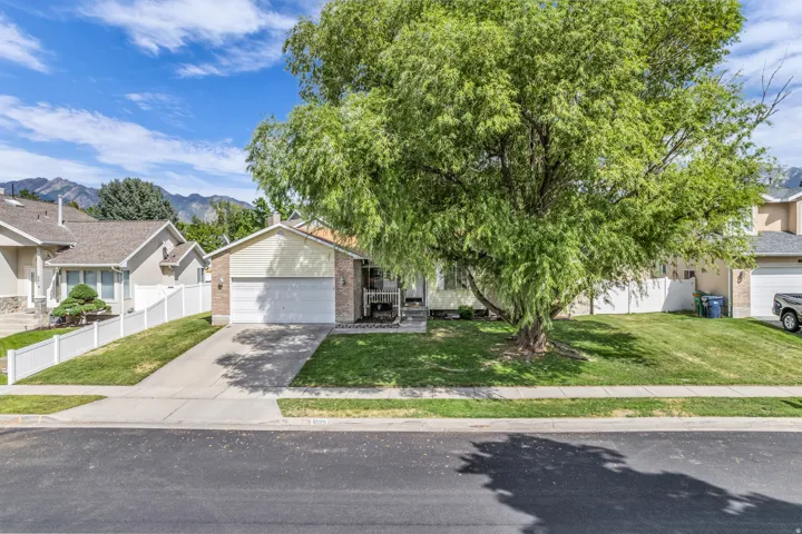 Brick and siding exterior with an attached garage, mature front yard tree, and concrete driveway