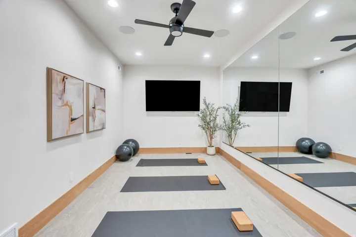 Recessed lighting, ceiling fan, and built-in wall mirror