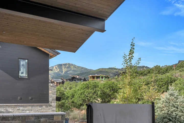 Modern exterior featuring dark siding, stone veneer, and a wood-finish soffit
