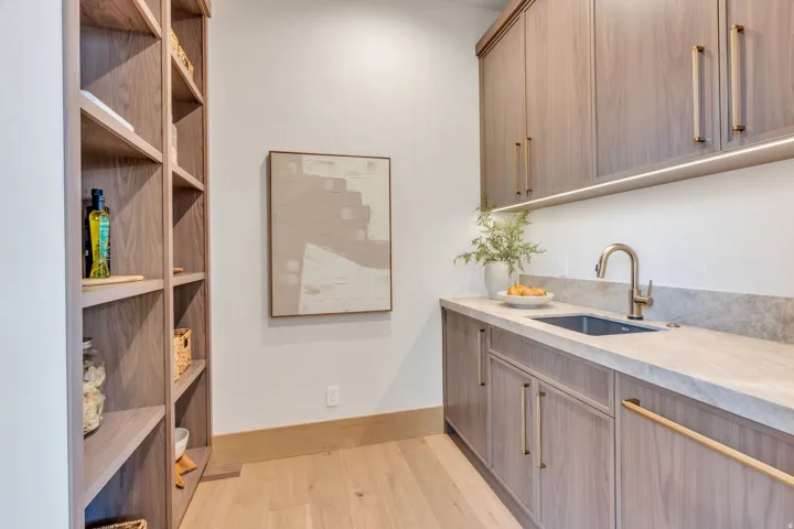 Built-in wood-finish shelving, wood-finish cabinetry with brass hardware, undermount sink, stone countertop, and under-cabinet lighting