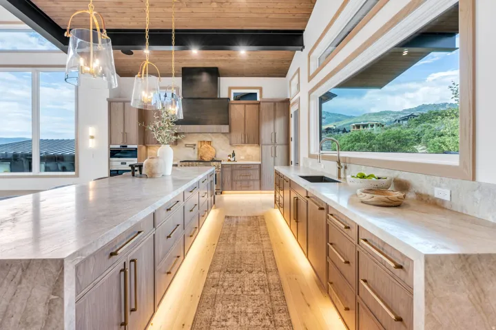 Gourmet kitchen with wood-finish flooring, undermount sink, and integrated stainless steel appliances