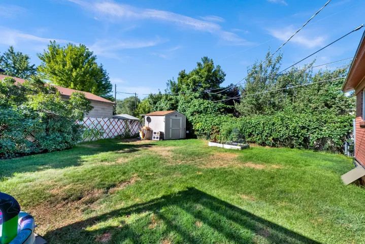 Expansive backyard featuring a lush lawn, mature perimeter landscaping, and a freestanding storage shed