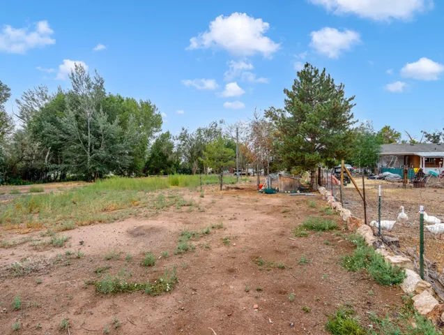 Expansive open parcel featuring mature trees, partial fencing, and a stone retaining wall