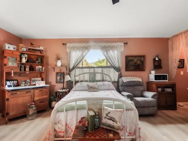 Wood-finish flooring, a ceiling fan, and a window with natural light