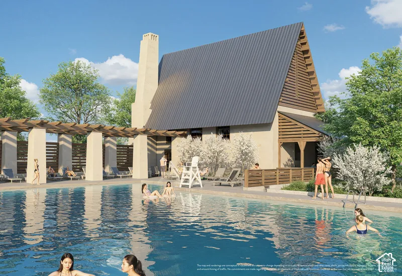 Resort-style pool with a perimeter deck, shaded pergola, and adjacent building featuring a high-pitched metal roof, vertical wood siding, and an outdoor wood deck
