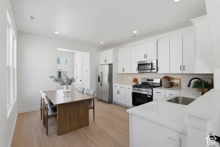 Modern kitchen featuring white cabinetry, stainless steel appliances, light wood-finish flooring, and recessed lighting