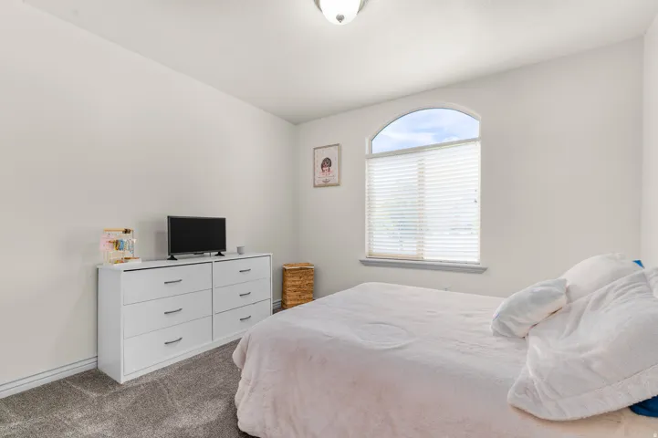 Arch-top window with blinds, light wall paint, recessed lighting, and carpet flooring