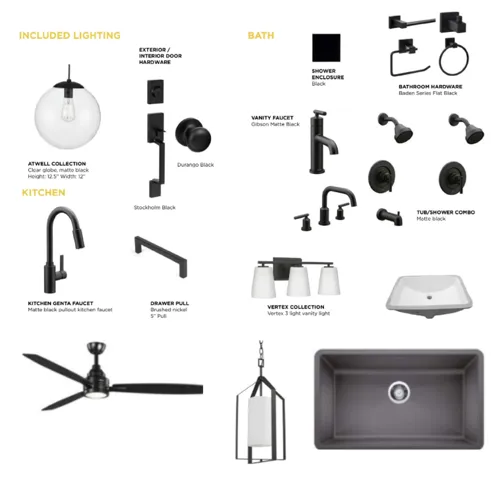 Design Specification Sheet. Details of fixtures and finishes selected for the property