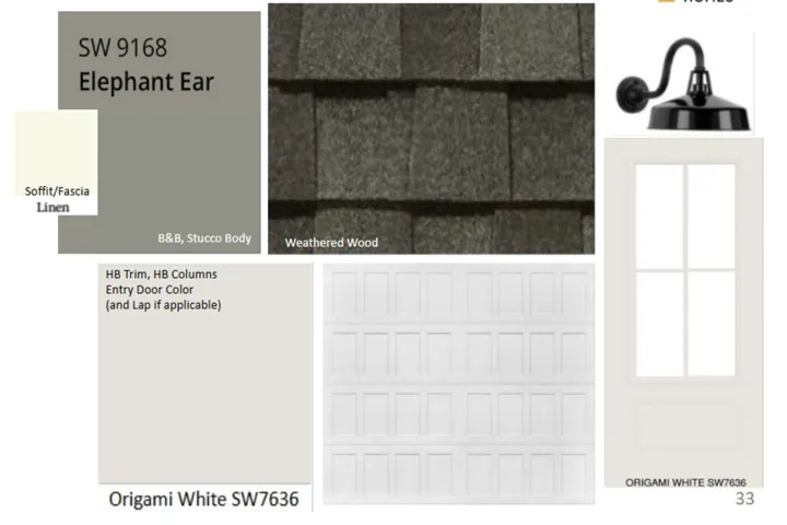 Design Selection Board. Displaying exterior material and color specifications for the property
