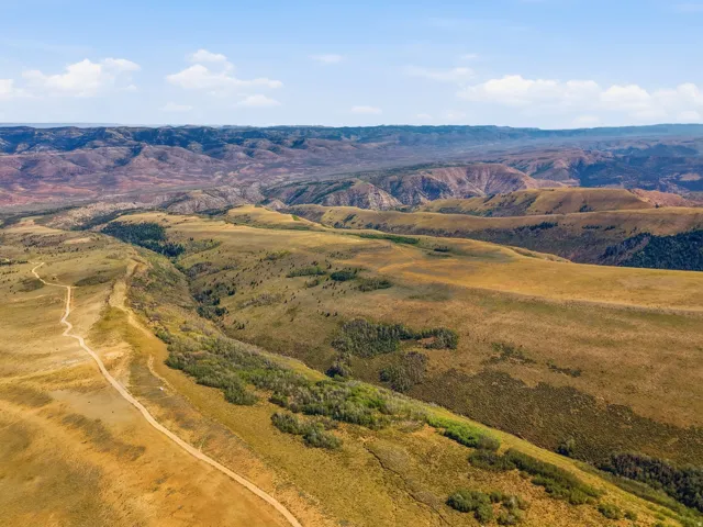 Expansive terrain featuring a winding dirt road, scattered trees, and distant mountainous topography