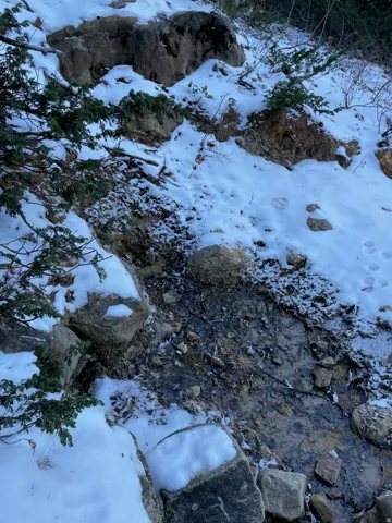 Natural rock formations with snow cover, evergreen foliage, and a running stream