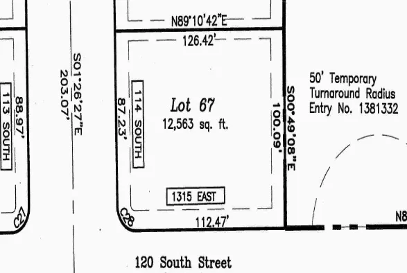 Survey Plat. Illustrating Lot 67 with dimensions, area, and street frontage details